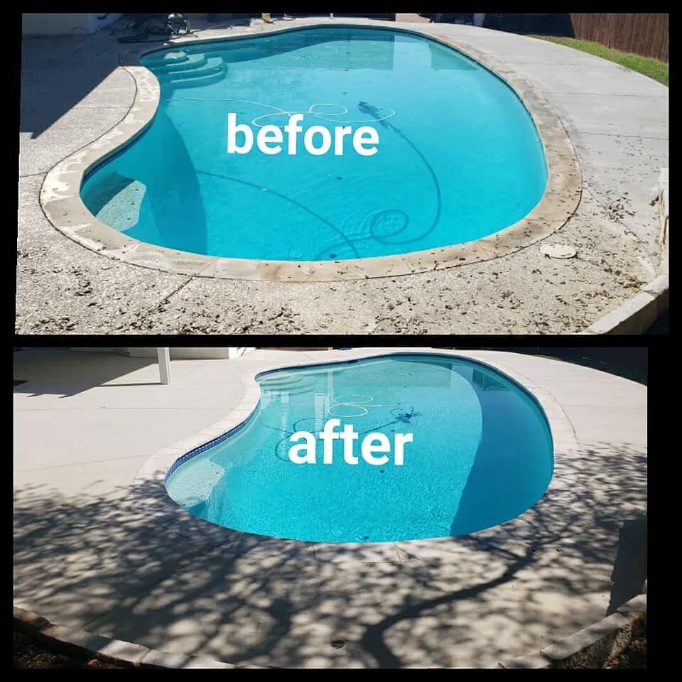 The image displays a before-and-after comparison of a pool renovation. In the 'before' section at the top, the pool is surrounded by an unfinished concrete deck with visible wear and lacks definition. The 'after' section at the bottom shows the same pool with a pristine, smooth white concrete finish around it, offering a revitalized and elegant look, along with a dark blue tile trim enhancing the pool's outline. The transformation indicates a significant improvement in aesthetics and functionality.