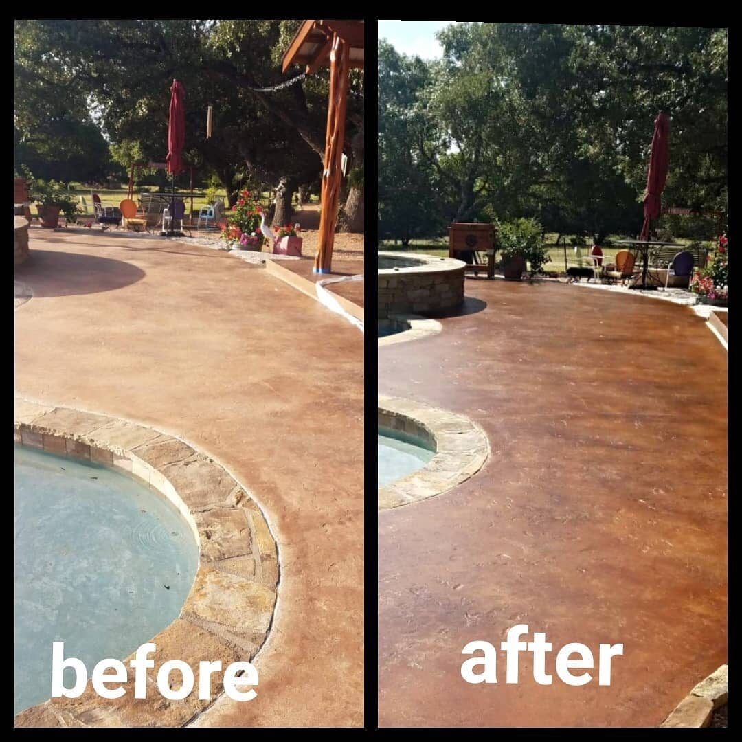 The image is a split-view showcasing a before and after of a poolside concrete deck: the "before" image on the left side illustrates a lighter color with clear demarcations and a dull finish; the "after" image on the right shows the deck with a uniform, rich brown tone and a smooth, polished finish, enhancing the overall aesthetic appeal.