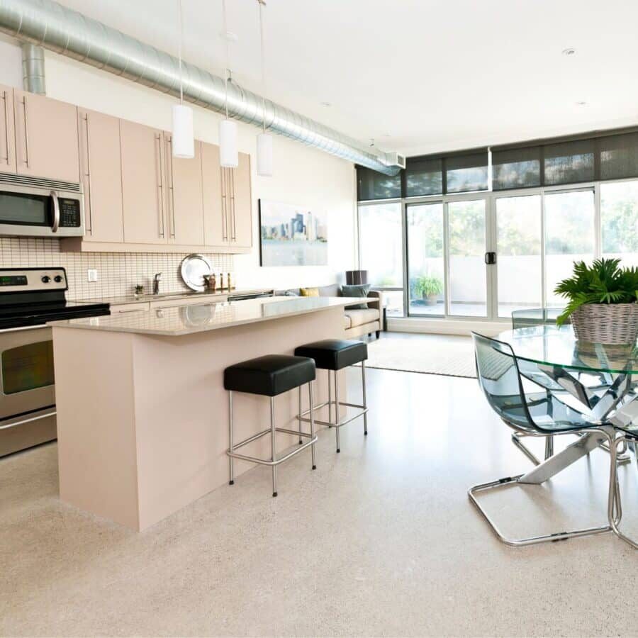 modern kitchen with polished concrete floors. semi-gloss polish.